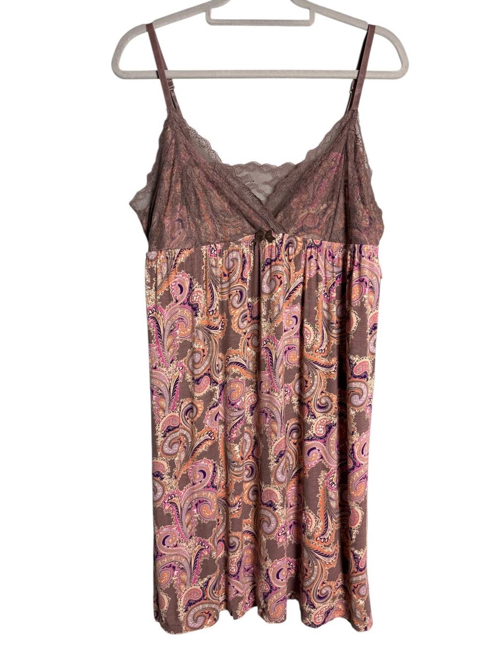 Cynthia Rowley Womens XL Paisley Lace Trim V Neck Cami Chemise Slip Nightgown